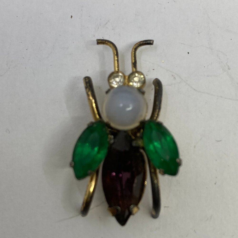 Vtg 1940s CORO STERLING   glass bug fly insect brooch